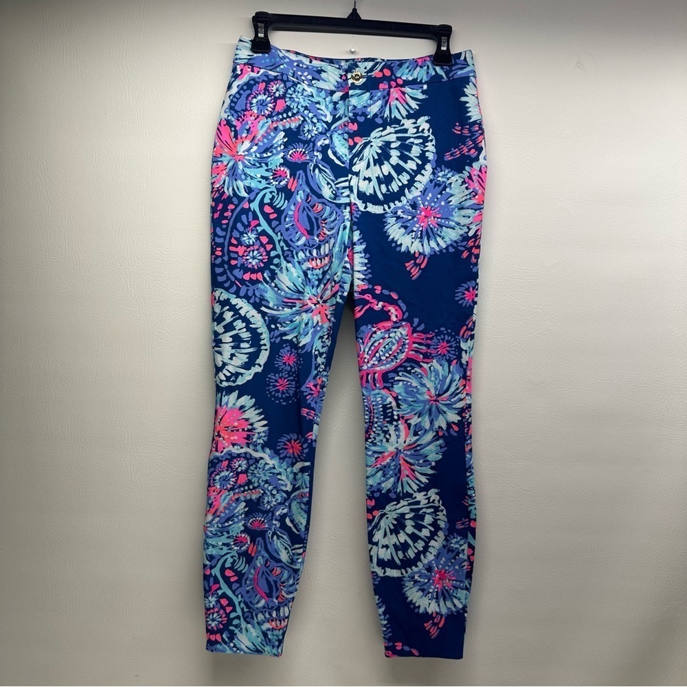 Lilly Pulitzer keilani stretch Vibrant Blue and Pink Patterned Pants SZ 6 nwt